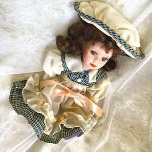 Girl Porcelain Doll in Lace & Bow Dress & Hat with Curly Hair 8"